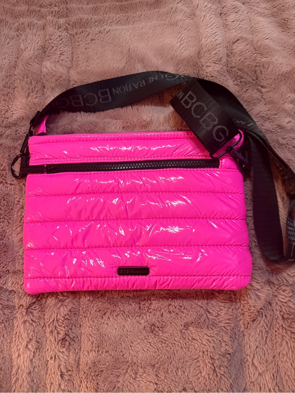 BCBGeneration Neon Pink Quilted Patent Crossbody Bag with Branded Strap